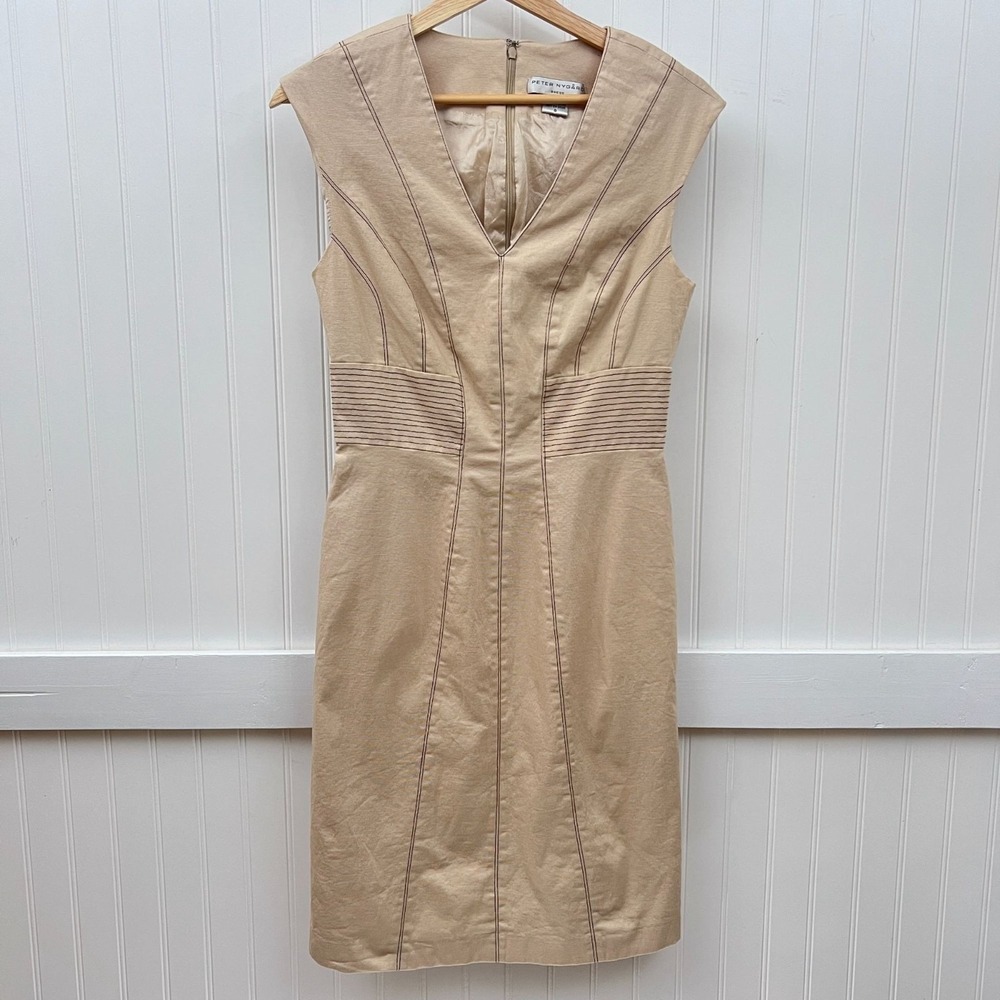 Peter Nygard Dress Formal Beige Sheath Glam V-Neck Sleeveless Knee Length Career